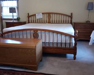 Amish king size bed complete with 3 yr old memory foam mattress set