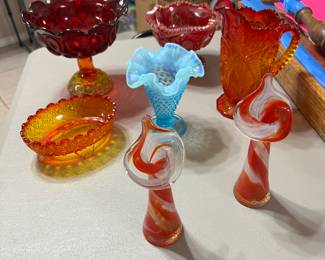 Some real cool vintage and carnival glass… Pressed pieces, likely early Fenton hobnail, pair of matching jack in the pulpits, beautifully blown.