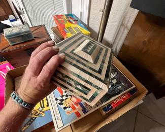 Super neat inlaid box covered in what I guess is malachite and mother of pearl?