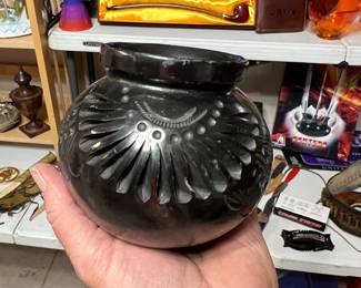 I believe this medium sized piece of dark black Native American pottery is likely from the Santa Clara Pueblo… But it isn’t signed so an expert greater than Myself is needed.
