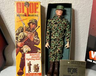Amazing condition G.I. Joe action marine figure with original box… Super early production… Even stamped on the back “patent pending” this is so awesome… It’s like being back at Christmas in 1964 under the glow of the tree.