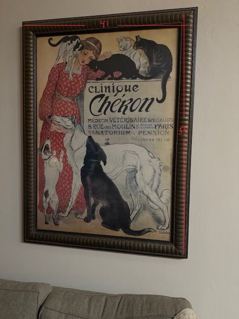 Steinlen, Clinique Che’ron wonderfully and professionally framed under glass. Measures 41” accross and 55” Tall. This item has the purple stamp but it is unknown whether it is an original print or later print