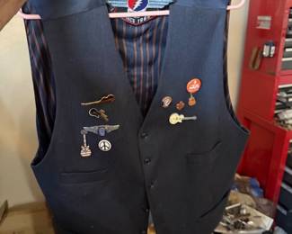 Jerry Garcia vest with two pins attached, the rest of the pins and embroidered patches will be sold separately, see next photo for back side of vest with dead logo