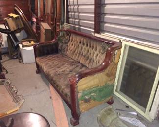 Lions head carved mahogany sofa -Woodwork in Great shape for reupholstering