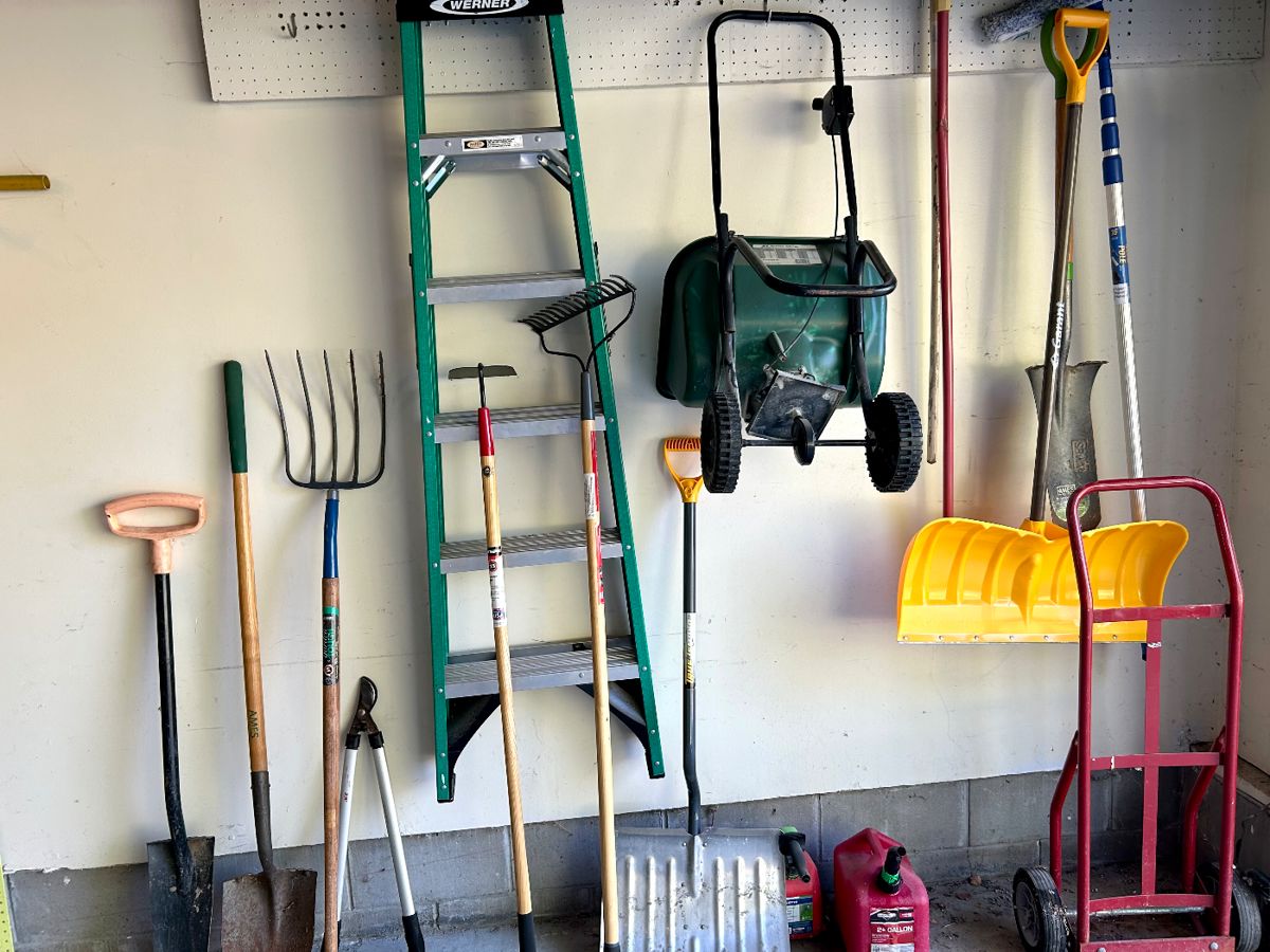 6ft Werner Ladder, rake, shovels, pitchfork, dolly