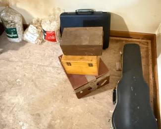 Viola, vintage wood boxes, Remington,
Vintage 1970/1980 Samsonite hard-shell briefcase, vintage wood boxes