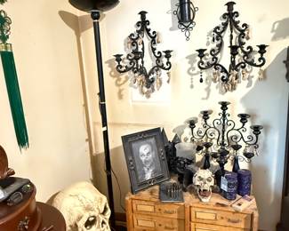 Gothic and macabre stuff skull candlebra, sconce, Halloween decor, lamp, planter, vintage wood file filing cabinet