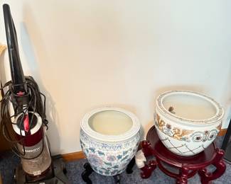 Large Asian-style porcelain fishbowl planter, large fishbowl planter, extra large rosewood display stand