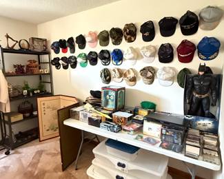New and vintage hats, dvds, cassette tapes, under bed easy store storage containers, Batman