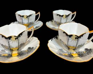 Shelley Queen Anne Sunrise and Tall Trees Teacups And Saucers