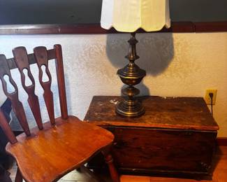 Wood Trunk And Chair For Use Or Restoration And Brass Lamp