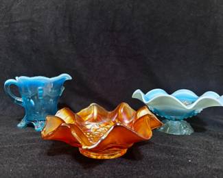 Jefferson Glass Blue Pitcher Northwood Footed Dish Carnival Glass
