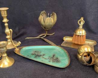 Vintage Brass Lotus Flower Ashtray Brass Candle Holders Enamel Rooster Tray More
