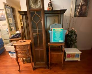 Antique 2 drawer stand clock curio cabinet ( needs work), stand with shelf and door cabinet, organ and other sheet music , cute storage box