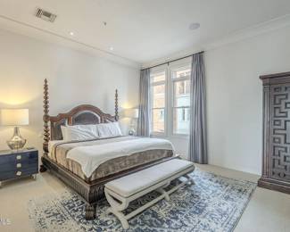Bed, matching wardrobe, bench, nightstands (x2), lamps (x2), and area rug. Does have a matching dresser.
