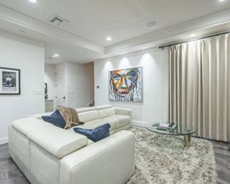 Leather sectional, rug, and glass sofa table.