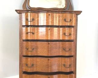 Antique oak serpentine chest of drawers with mirror