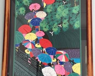 Chinese folk art framed print, "Umbrellas on a Bridge"