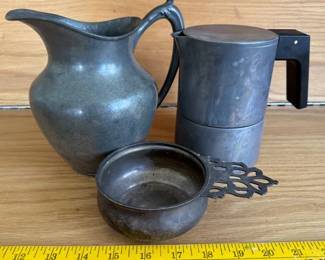 Pewter pitcher, porringer bowl and coffee pot
