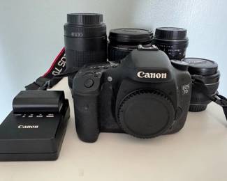 Canon EOS70 camera, lenses, battery charger and case