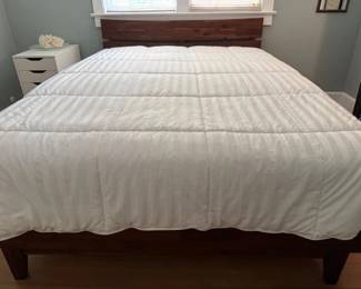 MCM style queen bed, Kingsdown mattress, comforter and mattress cover