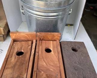 Wood birdhouses and birdseed