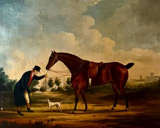 "A Horse and Groom outside a Porch or Lord Portmore's Snap" by James Seymour, painted in 1743. It depicts a saddled chestnut hunter, a groom, and a setter dog in a landscape setting