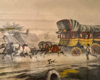 Hand Colored Etching 'The Coach of Posts' by Victor-Jean Adams late 1800s