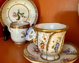SEVRES PAINTED PORCELAIN CHINA CUP SAUCER BUTTERFLY HANDLE FLOWERS ROSES FRANCE