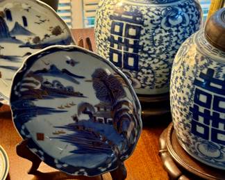 Vintage Japanese Decorated Plate w/ Mountain Scenery Design, 9” Dia and gorgeous antique friendship vases with boxwood lids