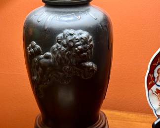 19th C foo dog bronze lamps
