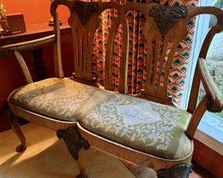 1870s Georgian Chippendale Hand Carved Mahogany Upholstered Settee