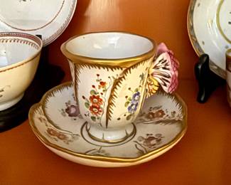 SEVRES PAINTED PORCELAIN CHINA CUP SAUCER BUTTERFLY HANDLE FLOWERS ROSES FRANCE