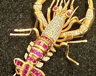 Large whimsical ruby and diamond lobster brooch