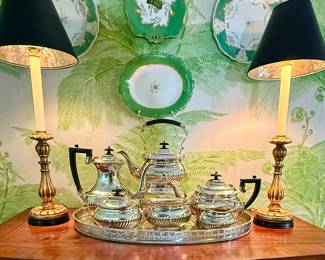 Silver plate service and antique gilt wood candlestick lamps