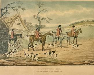 "Unkenneling" by Henry Thomas Alken, published in London in 1841. It depicts a fox hunt scene, a popular subject for Alken