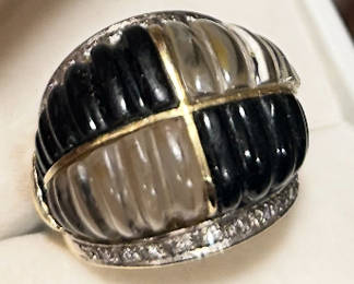 Carved rock crystal and onyx diamond ring