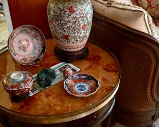 Carrara Marble period brass rimmed mahogany drum table