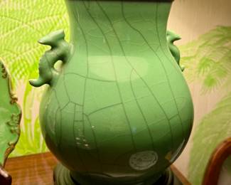 Pair of green foo dog antique vases converted to lamps in an amazing GREEN!