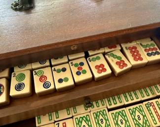 Antique carved Mahjong bone and bamboo game box - 1920s, Chinese, ancient game, Asian, 144 tiles