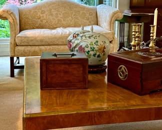 Brass and burled walnut coffee table