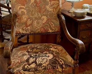 17th C.  Flemish Walnut Upholstered Armchair, Period Continental With original Flemish tapestry.  PAIR AVAILABLE 
