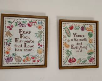 #49 - Reap Rich Harvests cross stitched picture $24 #50 - Yours is the earth cross stitched picture $24