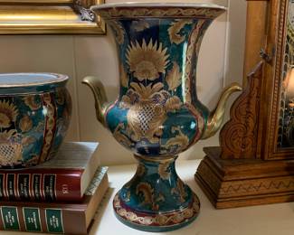 SOLD #125    Greeen/Tan/Burgundy Double Handled Vase   
