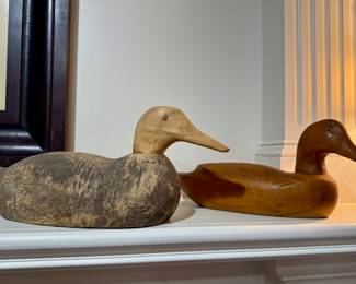 #45 wooden duck on left - natural wood - $50 #46 wooden duck on right - stained wood - $50