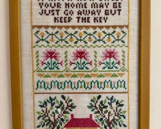 SOLD #147 - "Keep the Key" Cross Stitch on Linen   