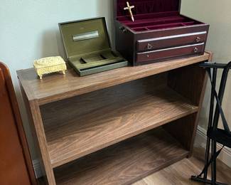 small bookshelf, jewelry boxes