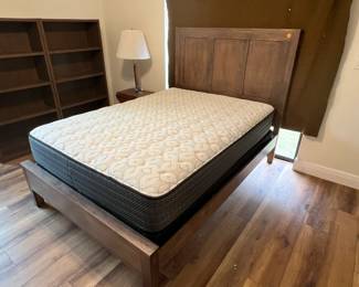Double bed and almost-new mattress, plus bookshelves