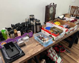 Lots of nice thermos bottles, wind-up chiming clock