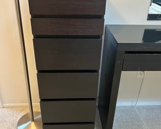 Malm tall jewelry/lingerie dresser: 16” w x 4 ft h x 19” d. Some scratches. Mirror lift-top, 2 small drawers, 4 larger drawers, $60